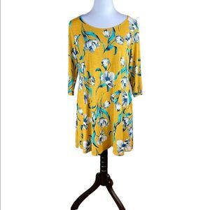 🆕 Boho Blu Mustard‎ And Gray 3/4 Sleeve Floral Evlyn Dress, Size S, NWT